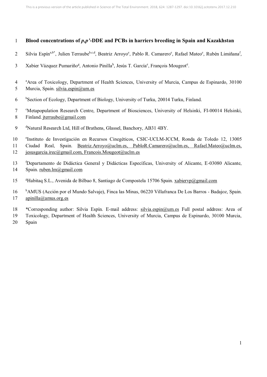 DDE and Pcbs in Harriers Breeding in Spain and Kazakhstan