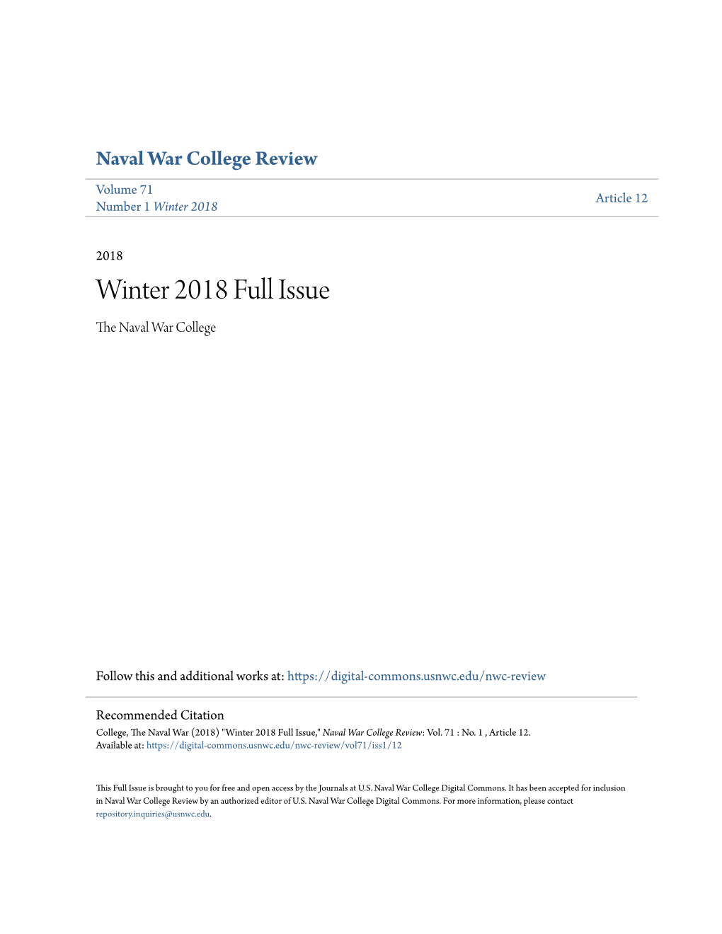 Winter 2018 Full Issue the an Val War College