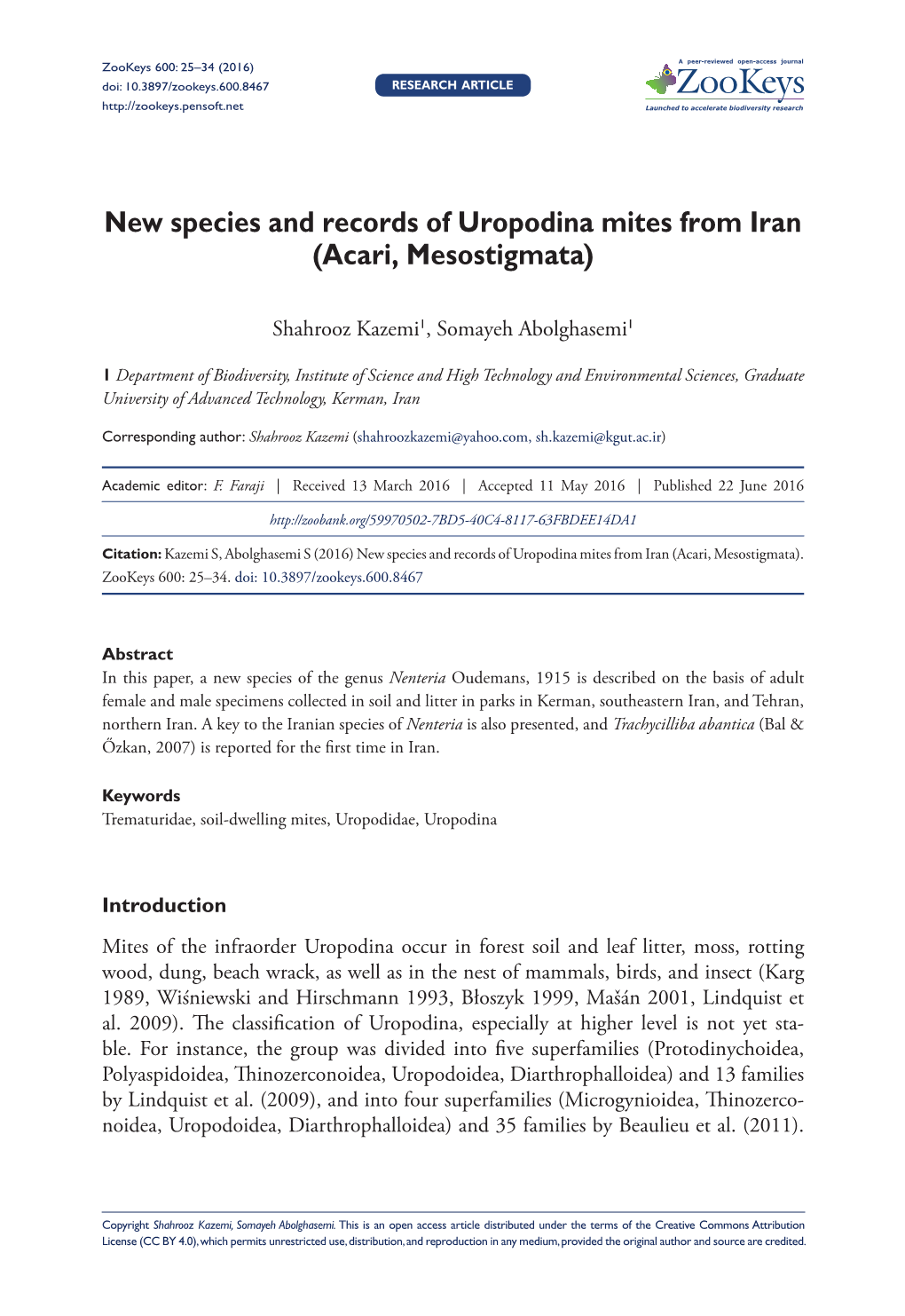 New Species and Records of Uropodina Mites from Iran (Acari, Mesostigmata)