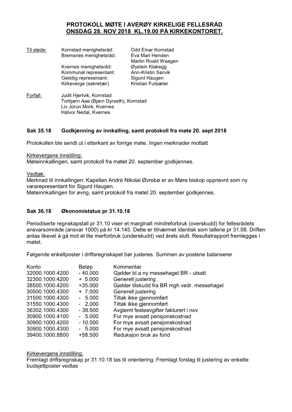 Protokoll Møte I Averøy Kirkelige Fellesråd Onsdag 28. Nov 2018 Kl.19.00 På Kirkekontoret