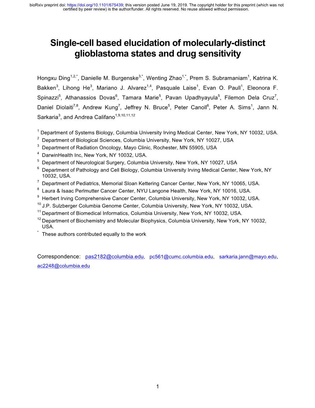 Single-Cell Based Elucidation of Molecularly-Distinct Glioblastoma States and Drug Sensitivity