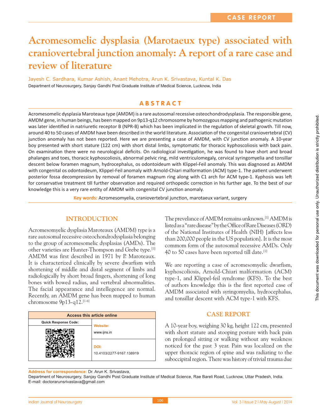 Acromesomelic Dysplasia (Marotaeux Type) Associated with Craniovertebral Junction Anomaly: a Report of a Rare Case and Review of Literature