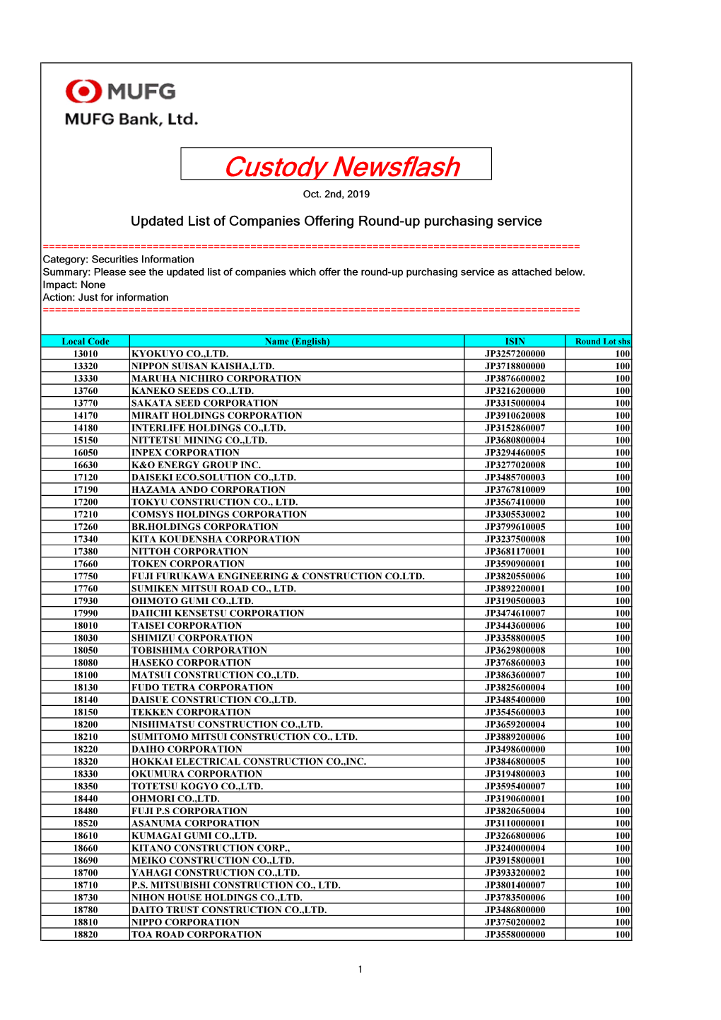 Custody Newsflash Oct