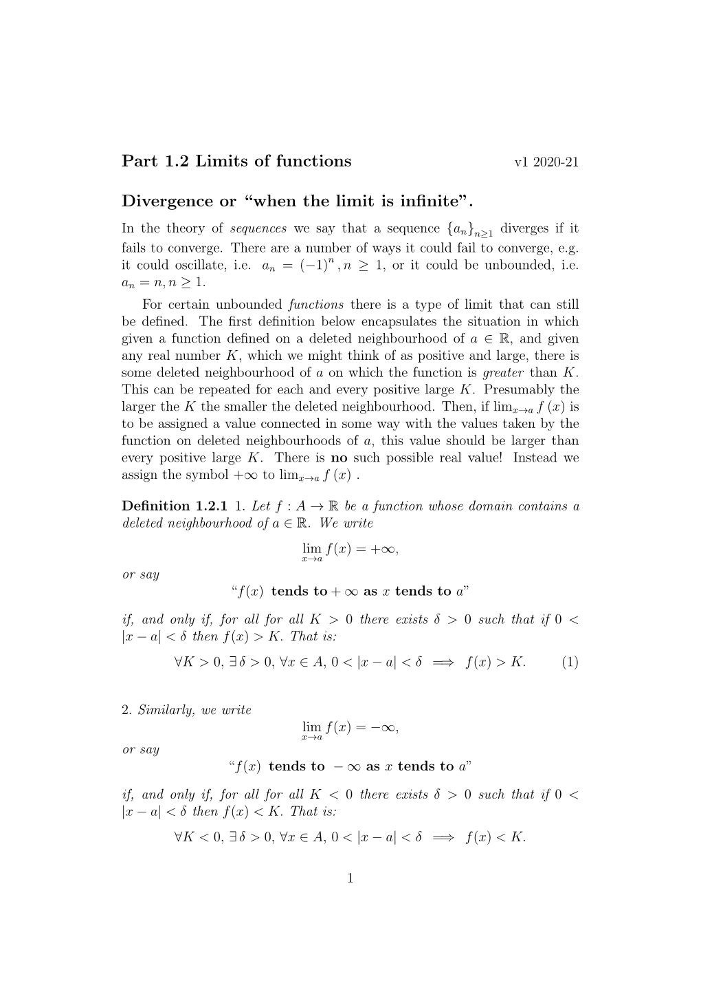 Part 1.2 Limits of Functions Divergence Or “When the Limit Is Infinite”