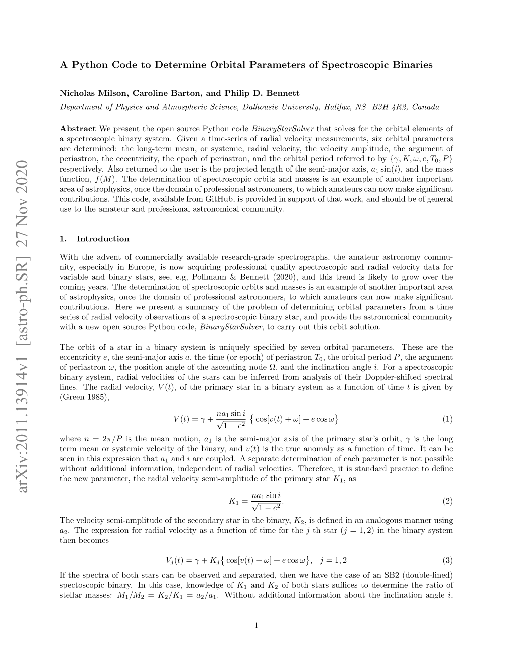 Arxiv:2011.13914V1 [Astro-Ph.SR] 27 Nov 2020 Na1 Sin I K1 = √