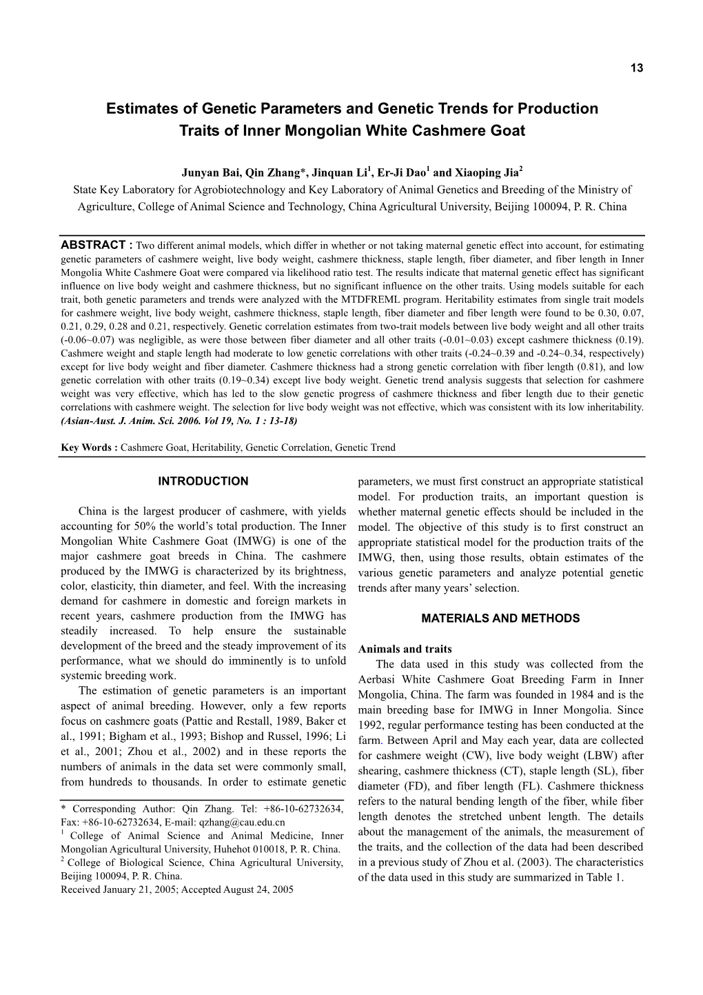 Estimates of Genetic Parameters and Genetic Trends for Production Traits of Inner Mongolian White Cashmere Goat