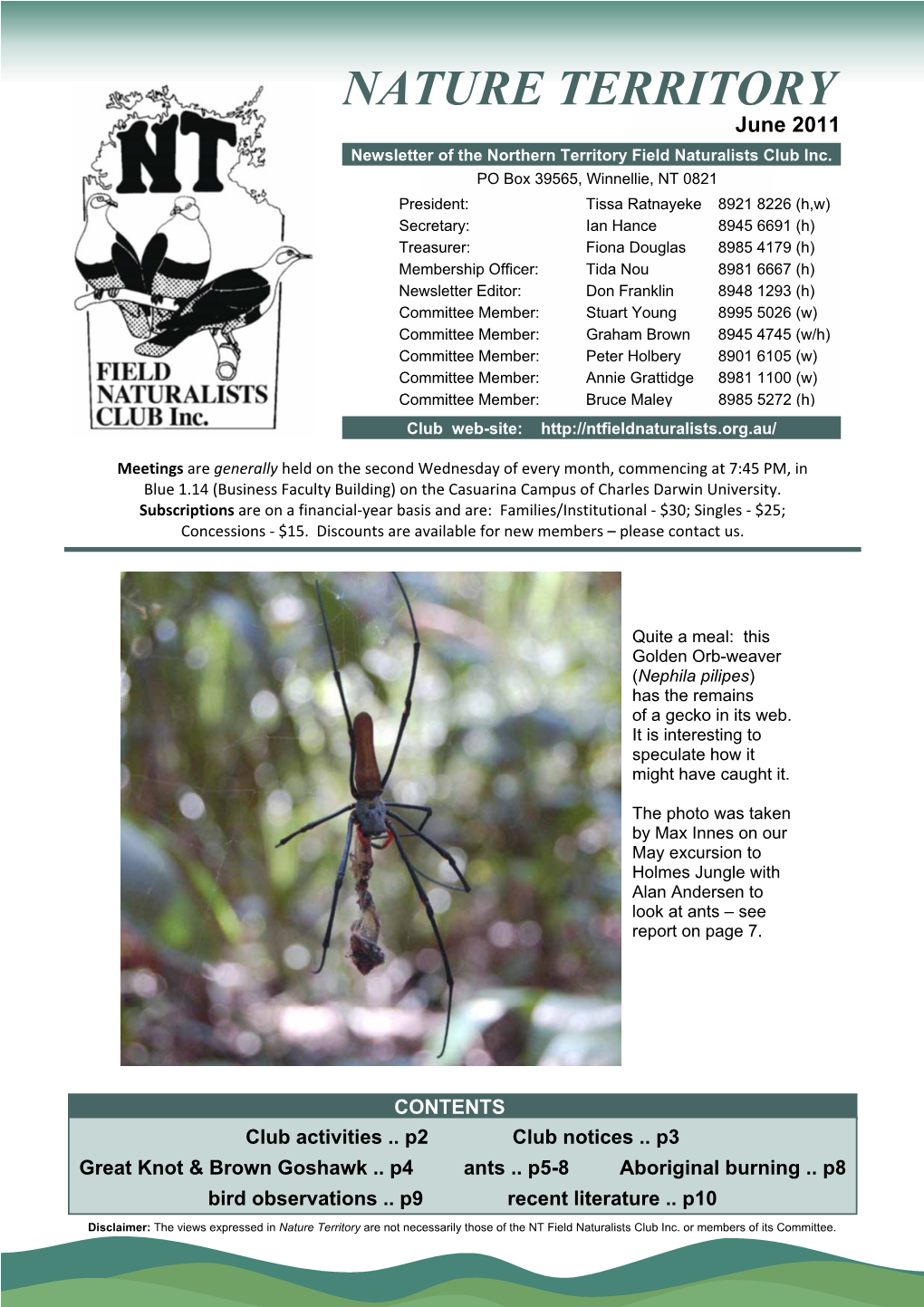 NATURE TERRITORY June 2011 Newsletter of the Northern Territory Field Naturalists Club Inc