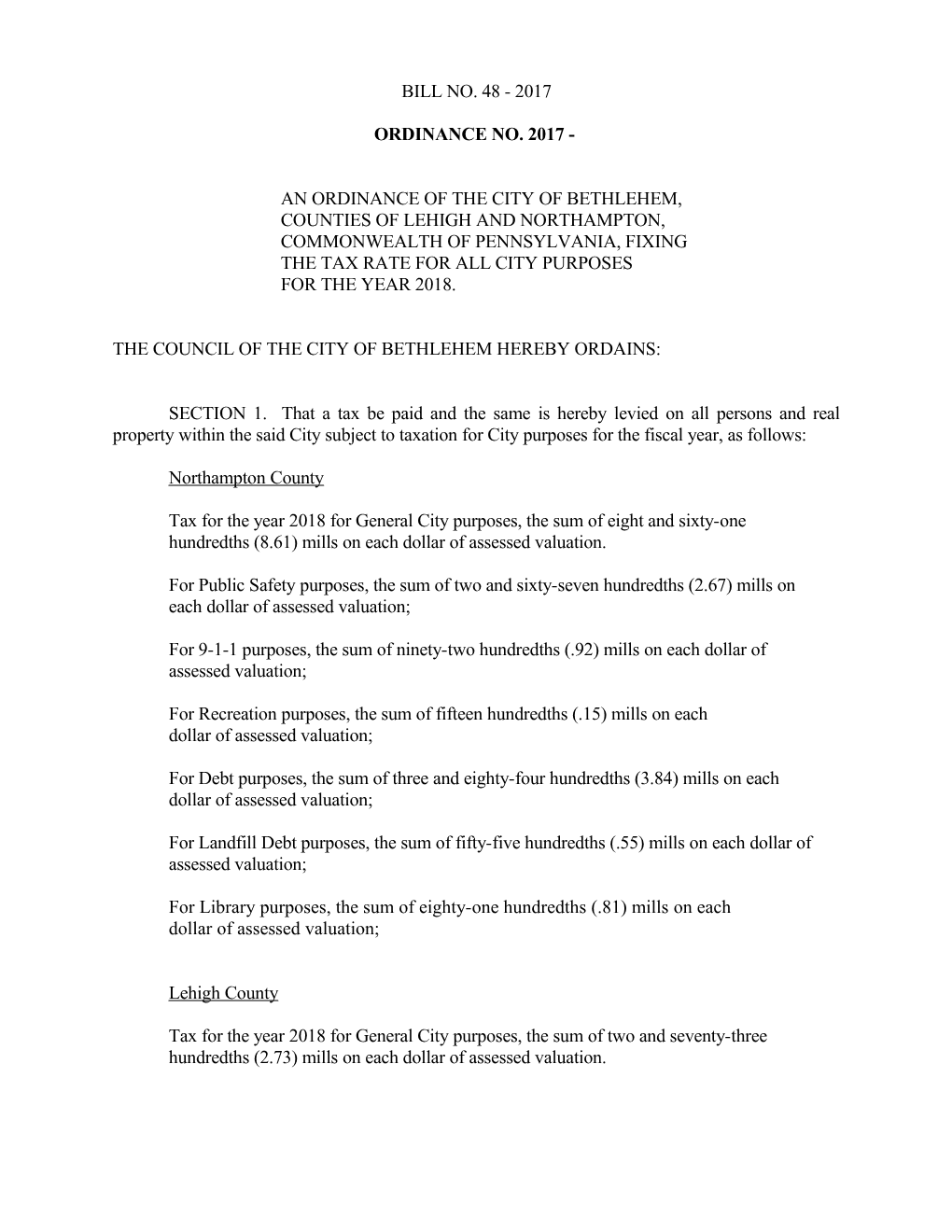 An Ordinance of the City of Bethlehem