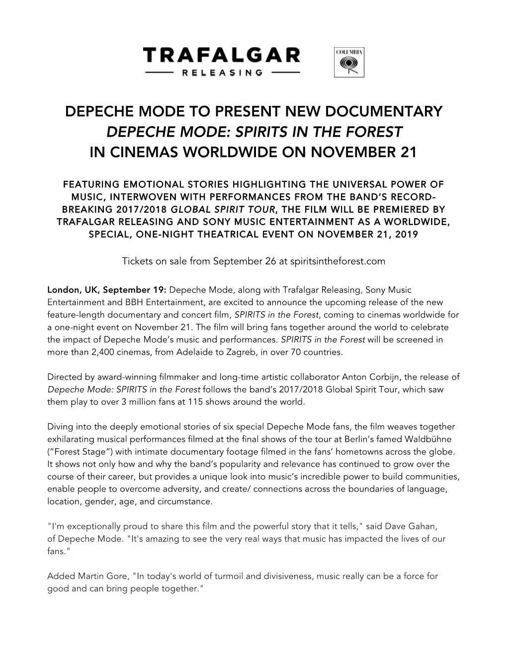 Depeche Mode to Present New Documentary Depeche Mode: Spirits in the Forest in Cinemas Worldwide on November 21