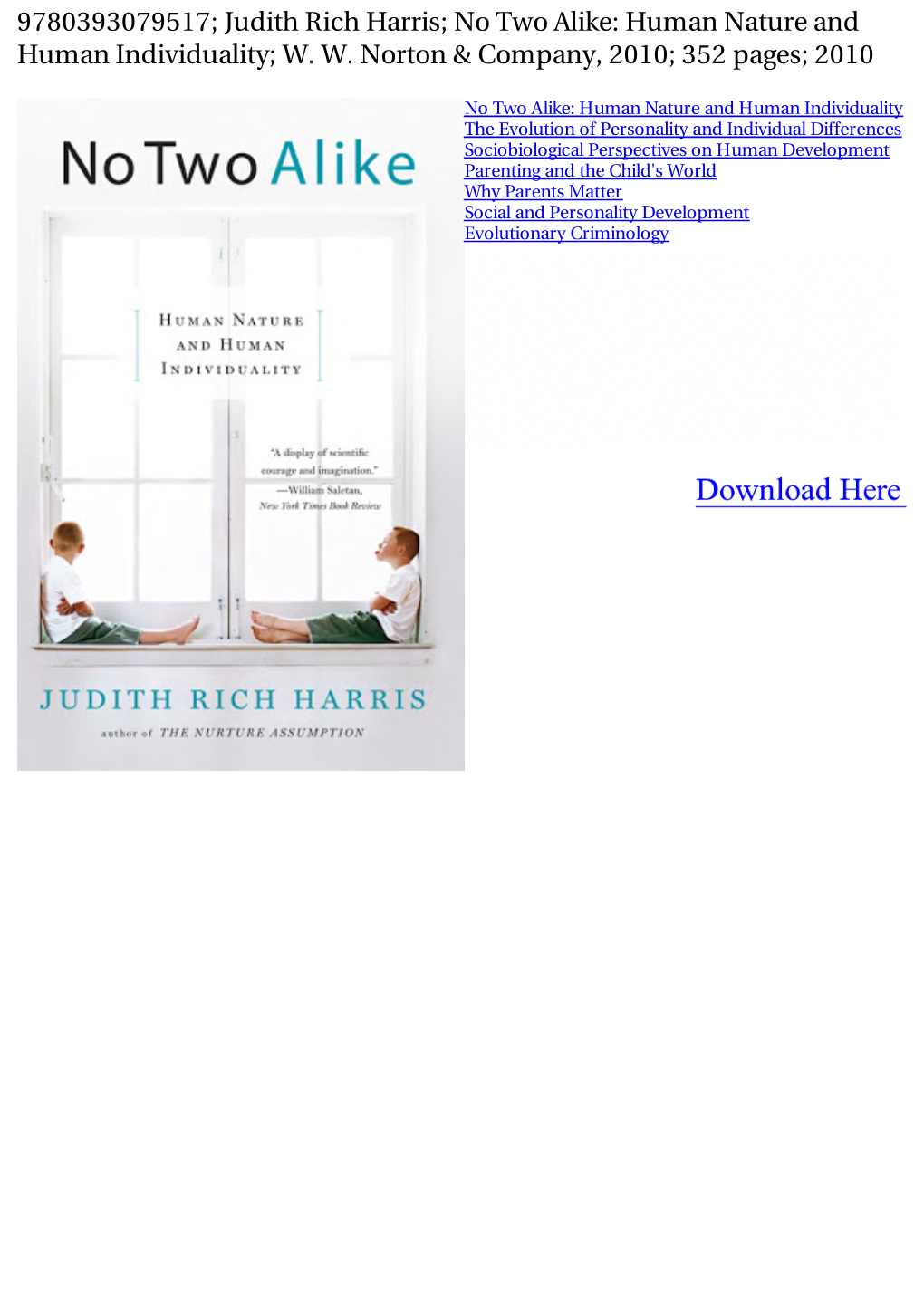 Judith Rich Harris; No Two Alike: Human Nature and Human Individuality; W