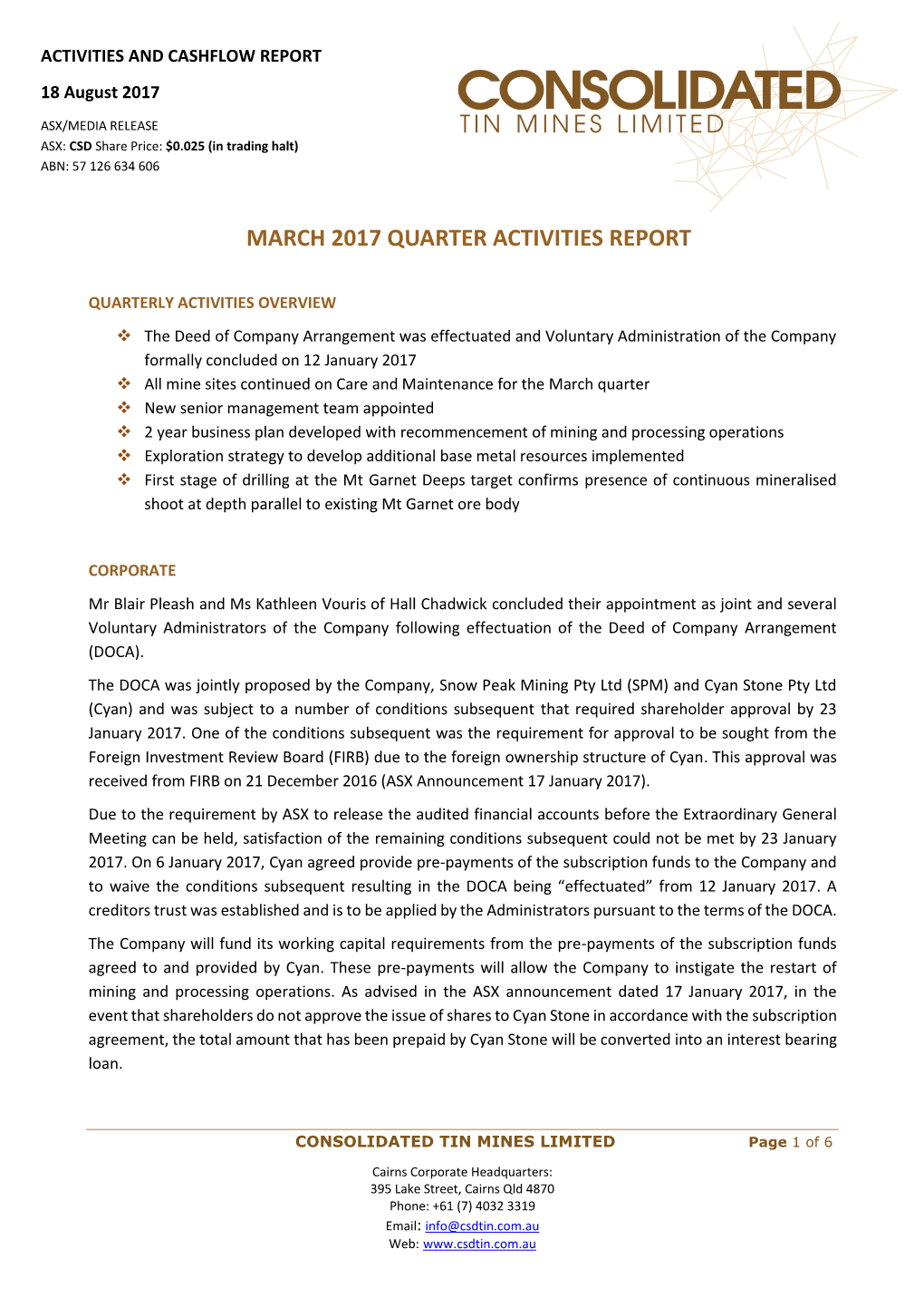 Tin Mines Limited March 2017 Quarter Activities Report
