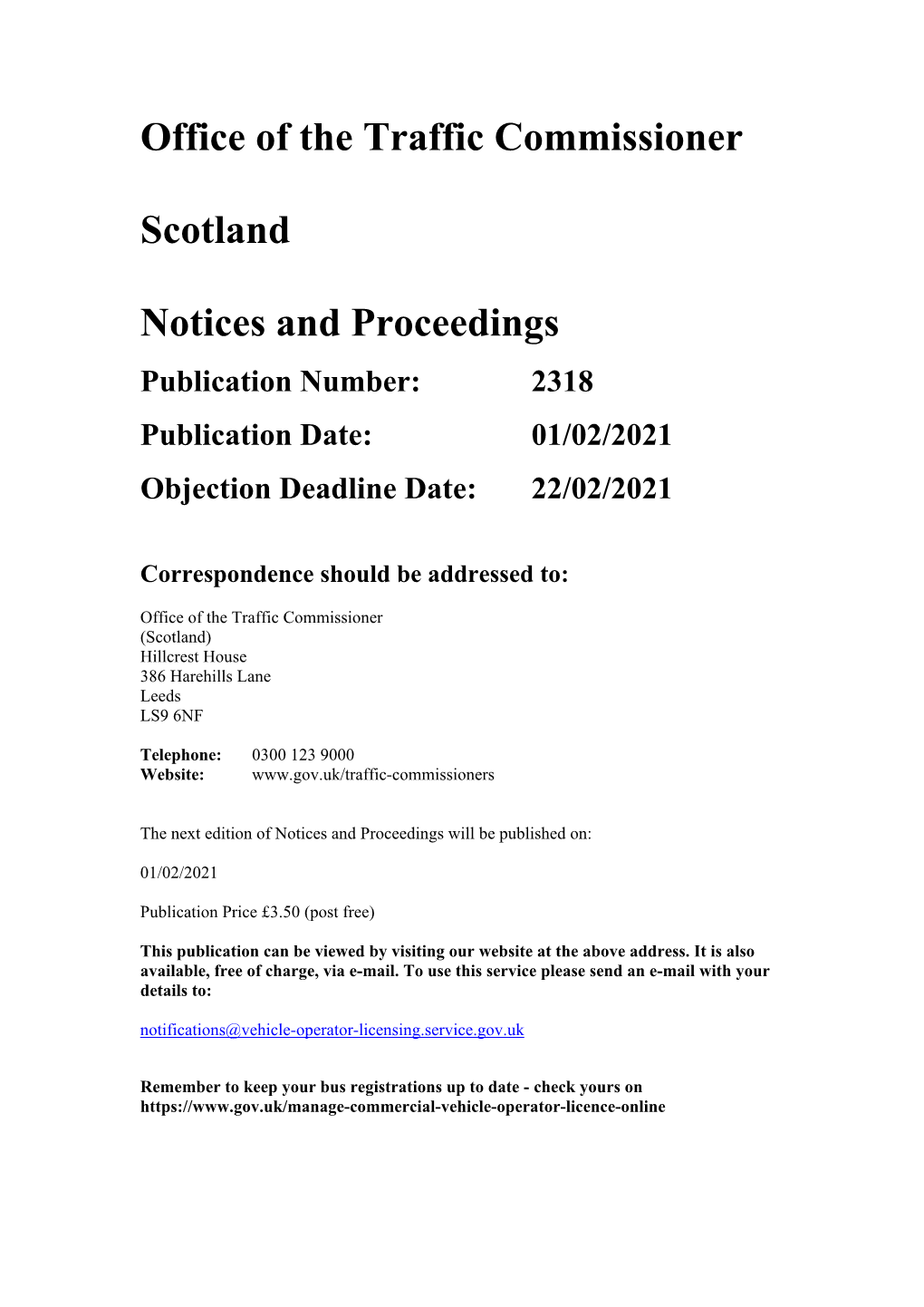 Office of the Traffic Commissioner Scotland Notices and Proceedings