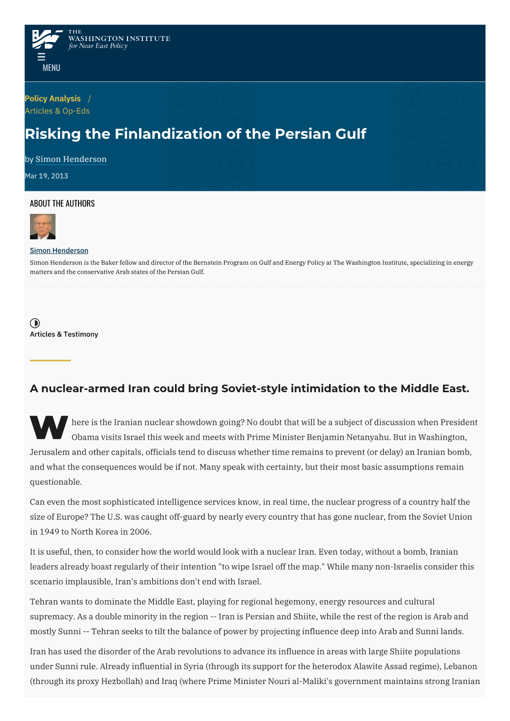 Risking the Finlandization of the Persian Gulf by Simon Henderson