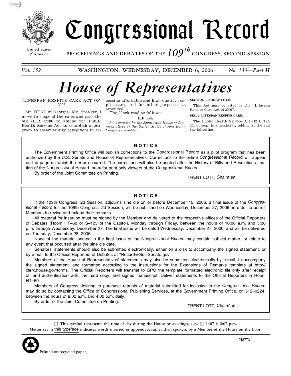 Congressional Record United States Th of America PROCEEDINGS and DEBATES of the 109 CONGRESS, SECOND SESSION