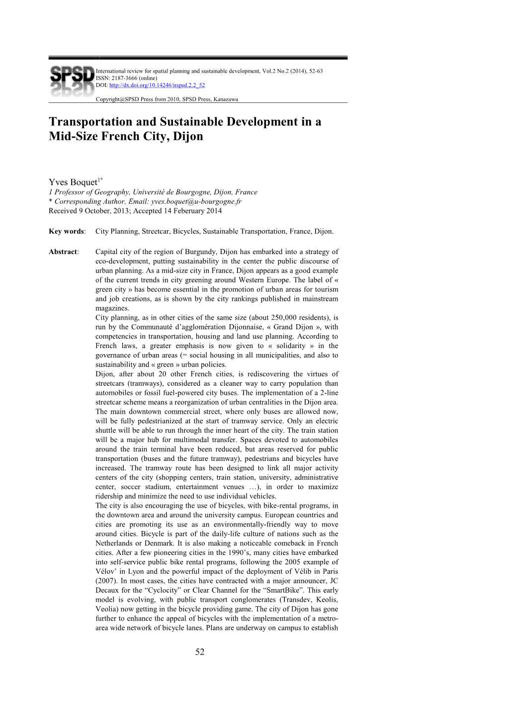 Transportation and Sustainable Development in a Mid-Size French City, Dijon