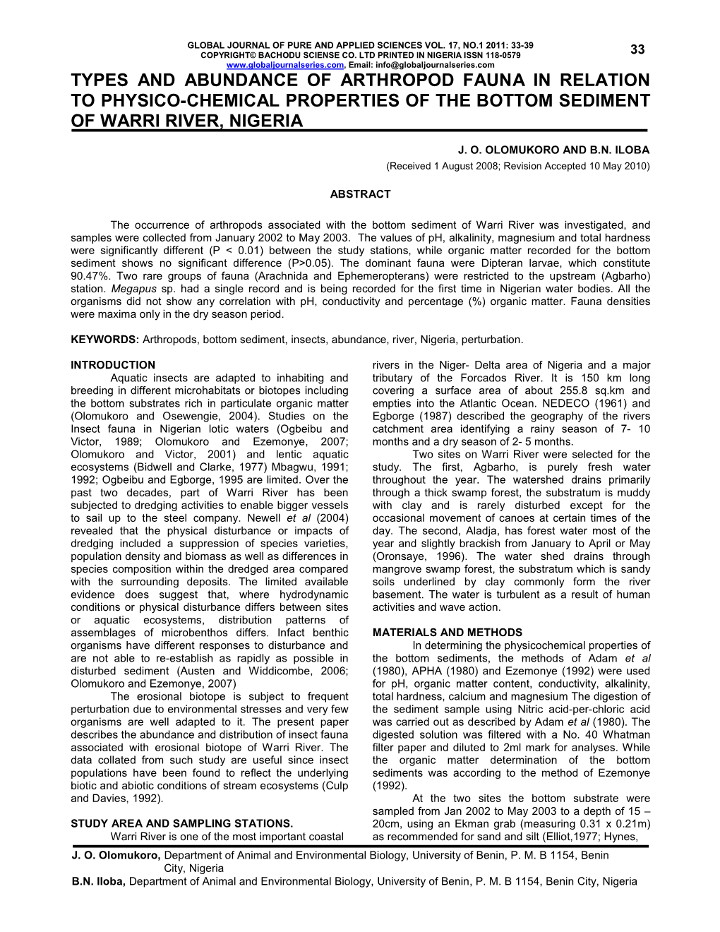 Types and Abundance of Arthropod Fauna in Relation to Physico-Chemical Properties of the Bottom Sediment of Warri River, Nigeria