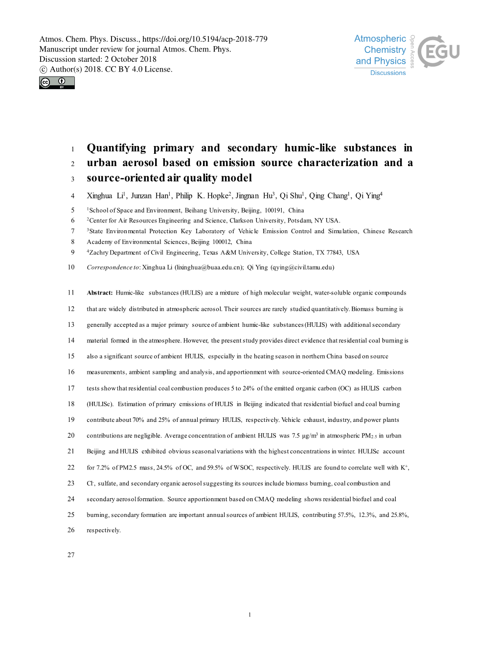 Quantifying Primary and Secondary Humic-Like Substances in 2 Urban Aerosol Based on Emission Source Characterization and a 3 Source-Oriented Air Quality Model