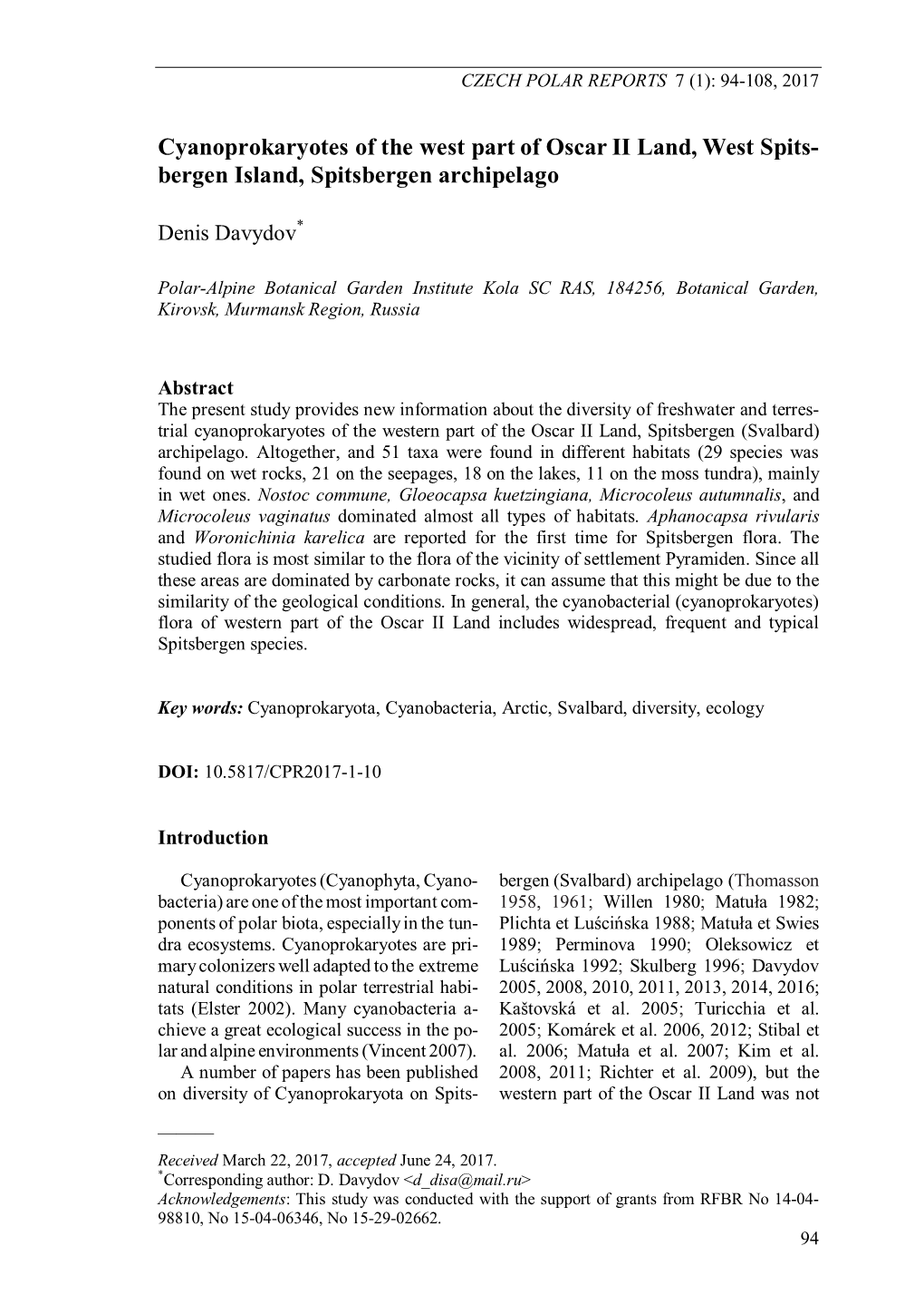 Cyanoprokaryotes of the West Part of Oscar II Land, West Spitsbergen Island, Spitsbergen Archipelago