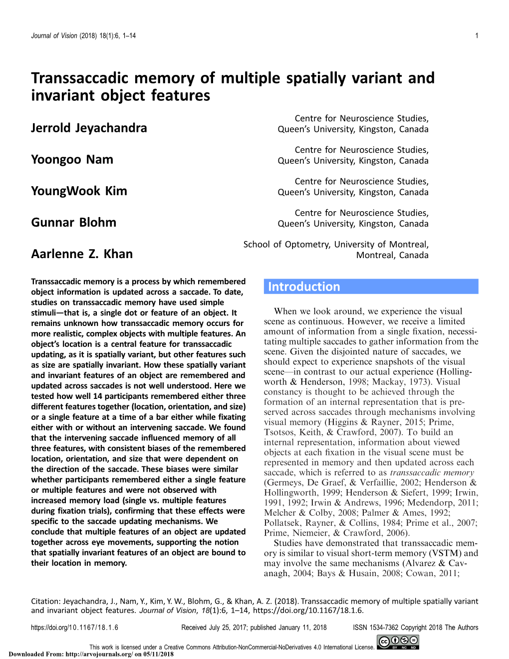 Transsaccadic Memory of Multiple Spatially Variant and Invariant Object