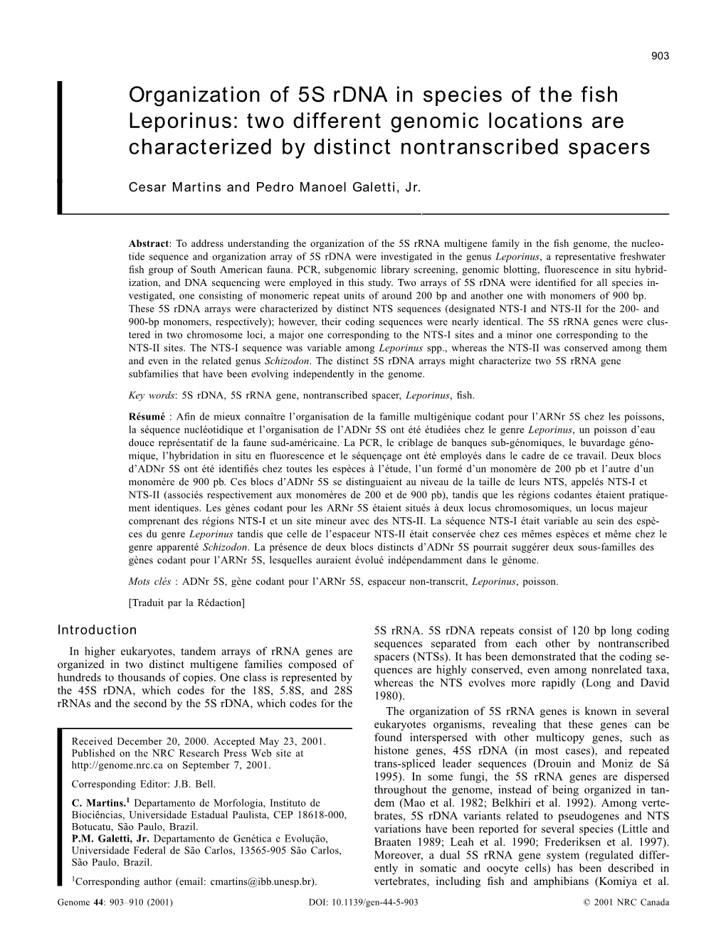 Organization of 5S Rdna in Species of the Fish Leporinus: Two Different Genomic Locations Are Characterized by Distinct Nontranscribed Spacers