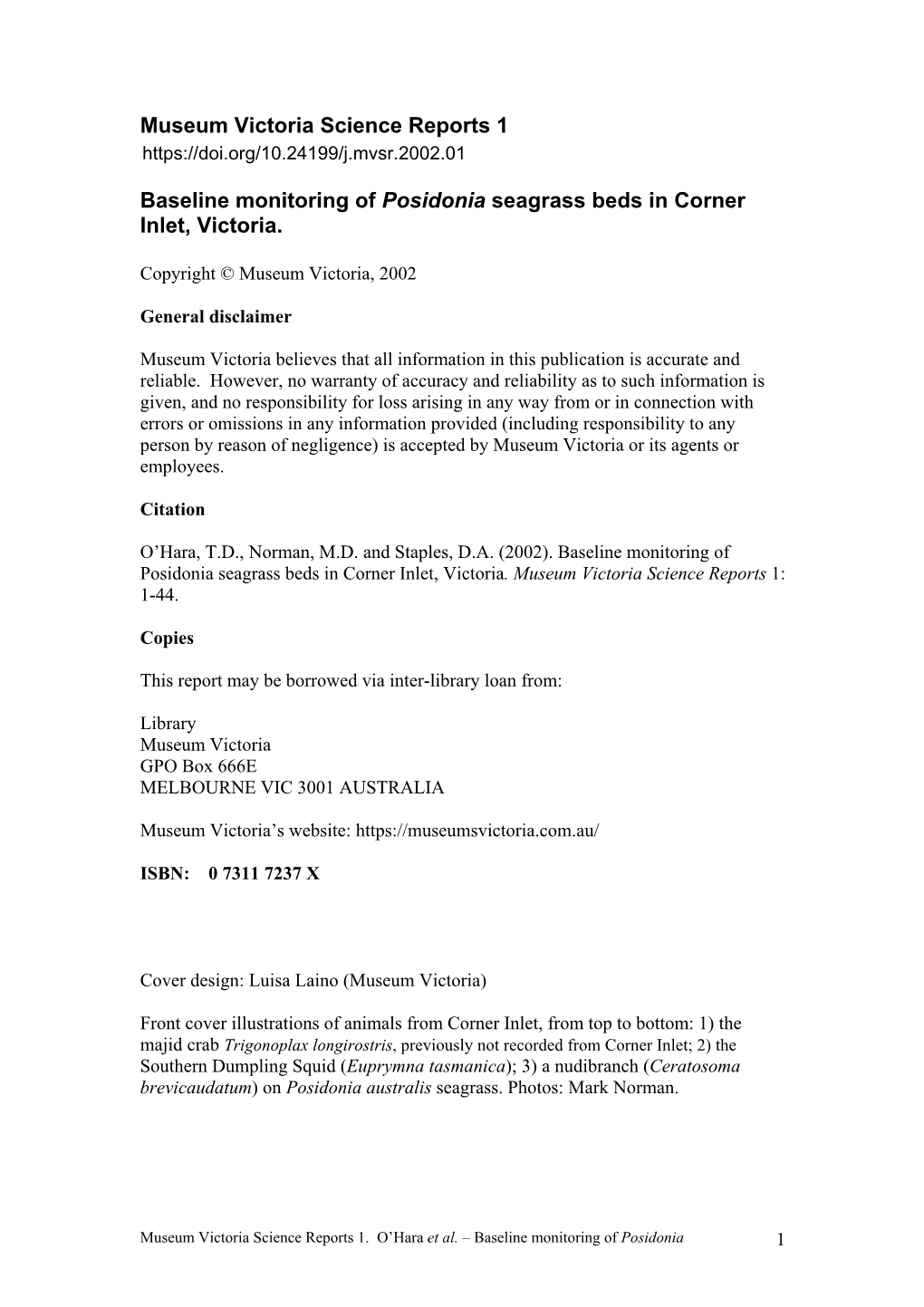 Baseline Monitoring of Posidonia Seagrass Beds in Corner Inlet, Victoria