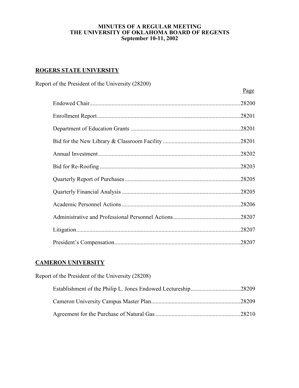 MINUTES of a REGULAR MEETING the UNIVERSITY of OKLAHOMA BOARD of REGENTS September 10-11, 2002