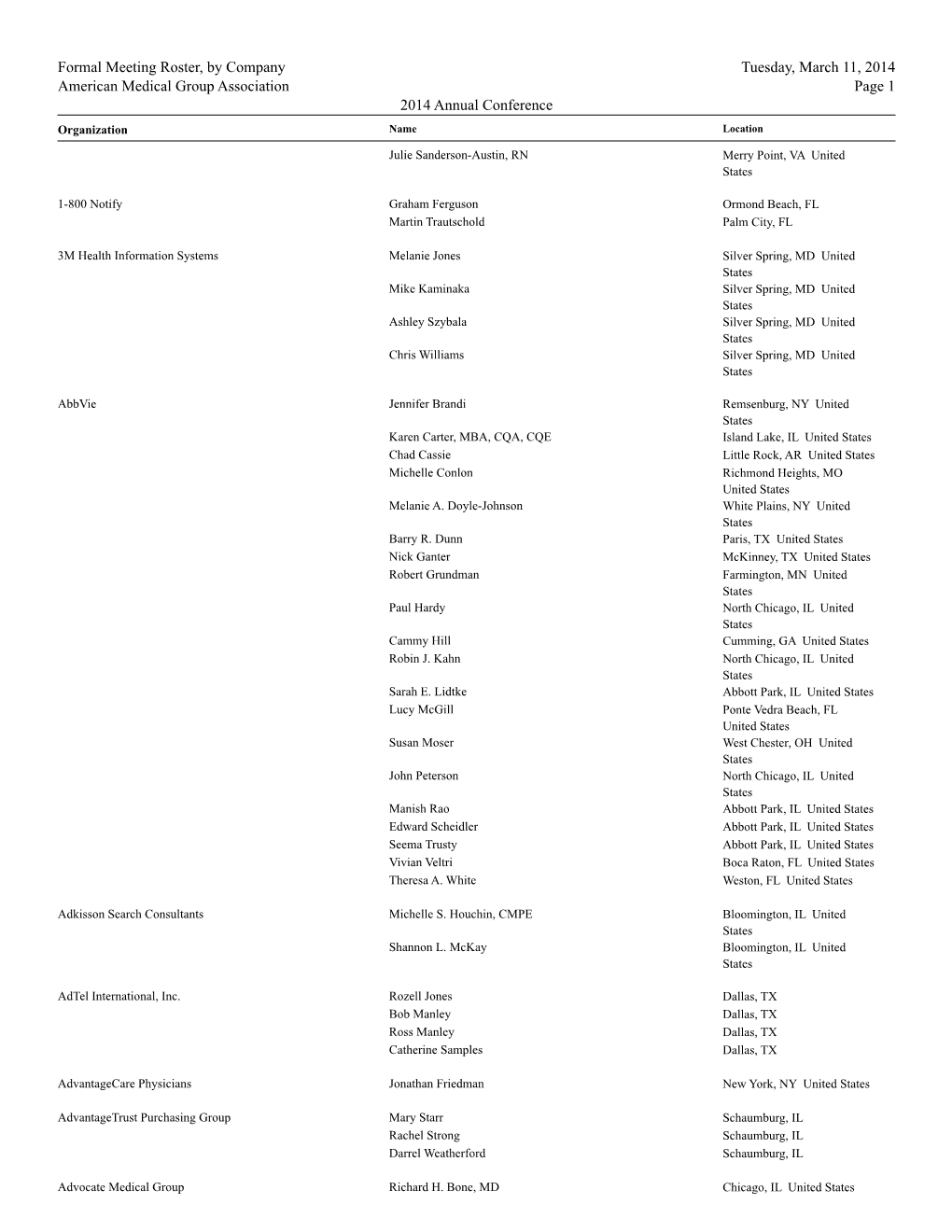 Formal Meeting Roster, by Company Tuesday, March 11, 2014 Page 1