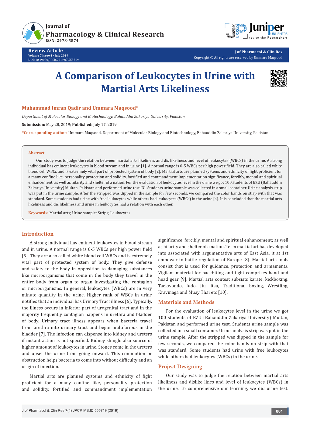 A Comparison of Leukocytes in Urine with Martial Arts Likeliness