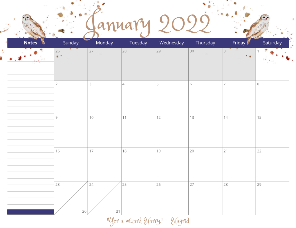 January 2022 Notes Sunday Monday Tuesday Wednesday Thursday Friday Saturday