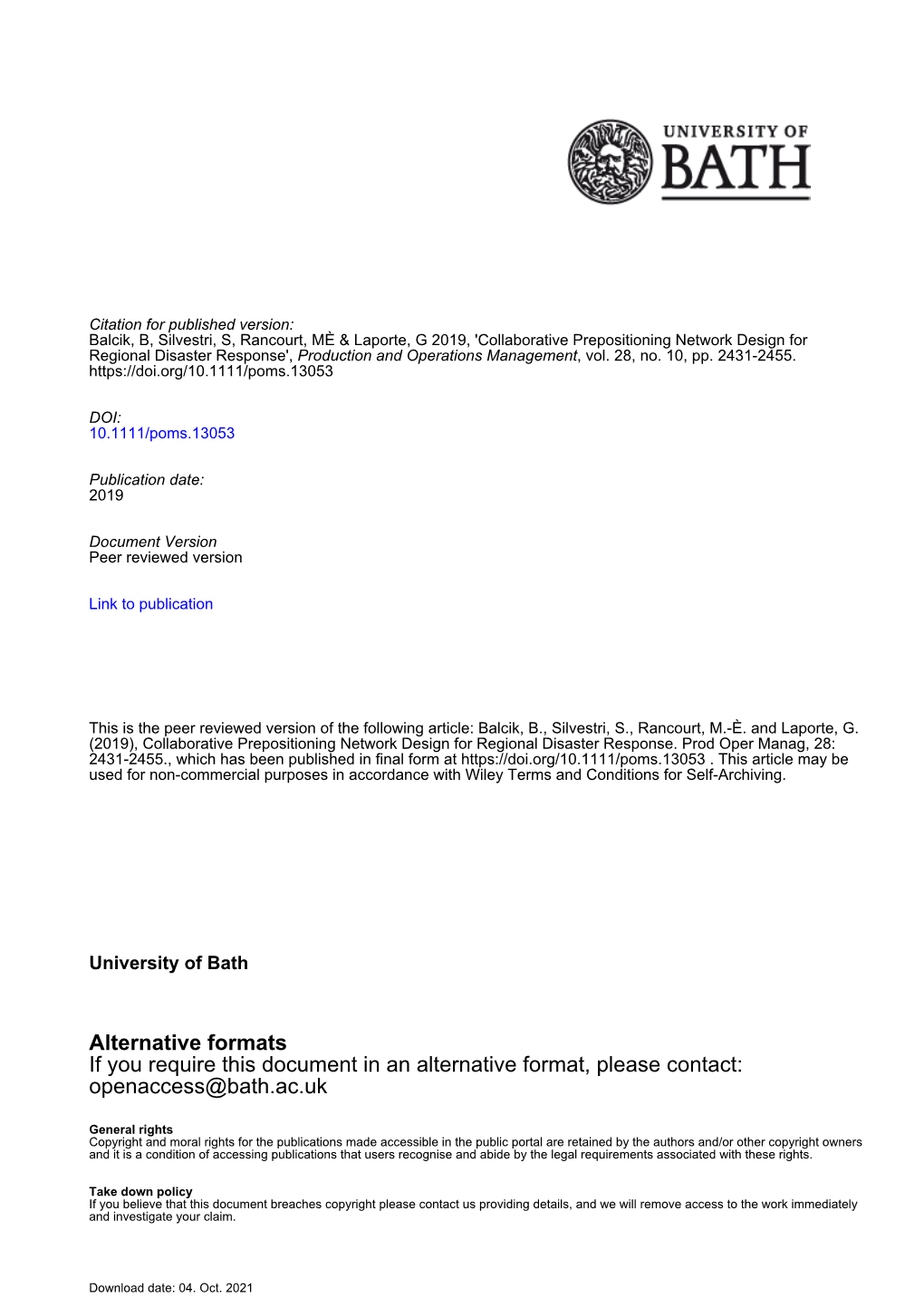 Alternative Formats If You Require This Document in an Alternative Format, Please Contact: Openaccess@Bath.Ac.Uk