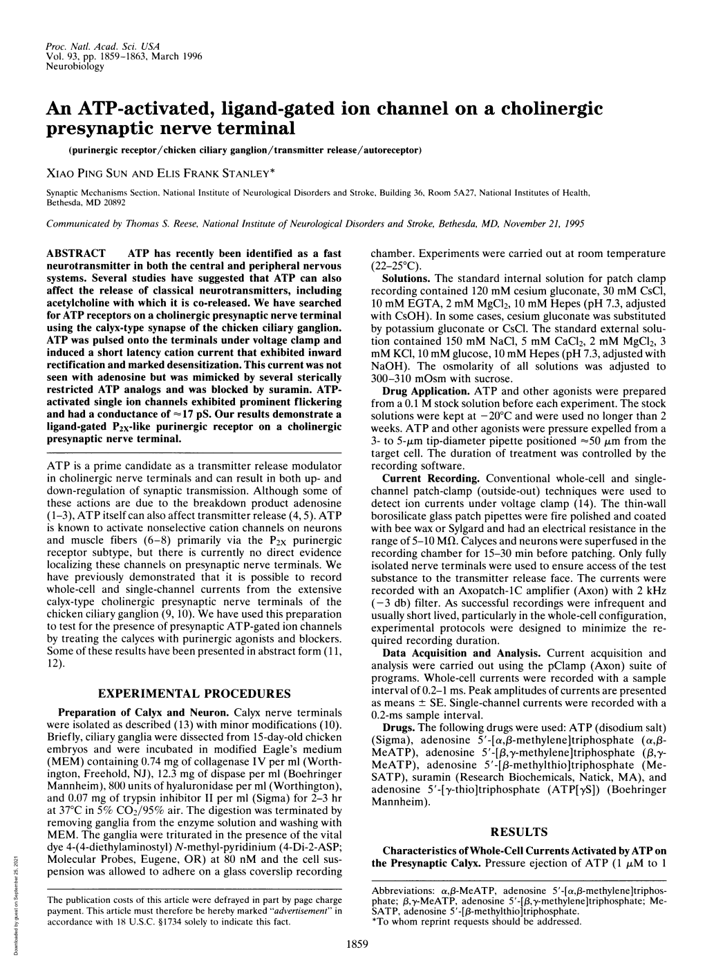 An ATP-Activated, Ligand-Gated Ion Channel on a Cholinergic