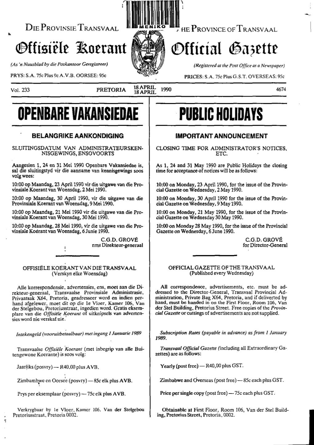 Transvaal Provincial Gazette Vol 233 No 4674 Dated 18 April 1990