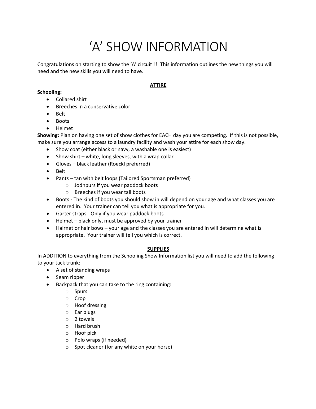 'A' Show Information