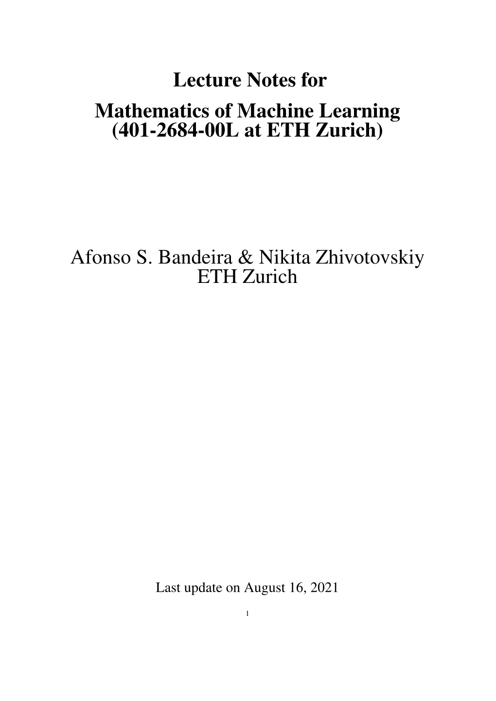 Lecture Notes for Mathematics of Machine Learning (401-2684-00L at ETH Zurich)