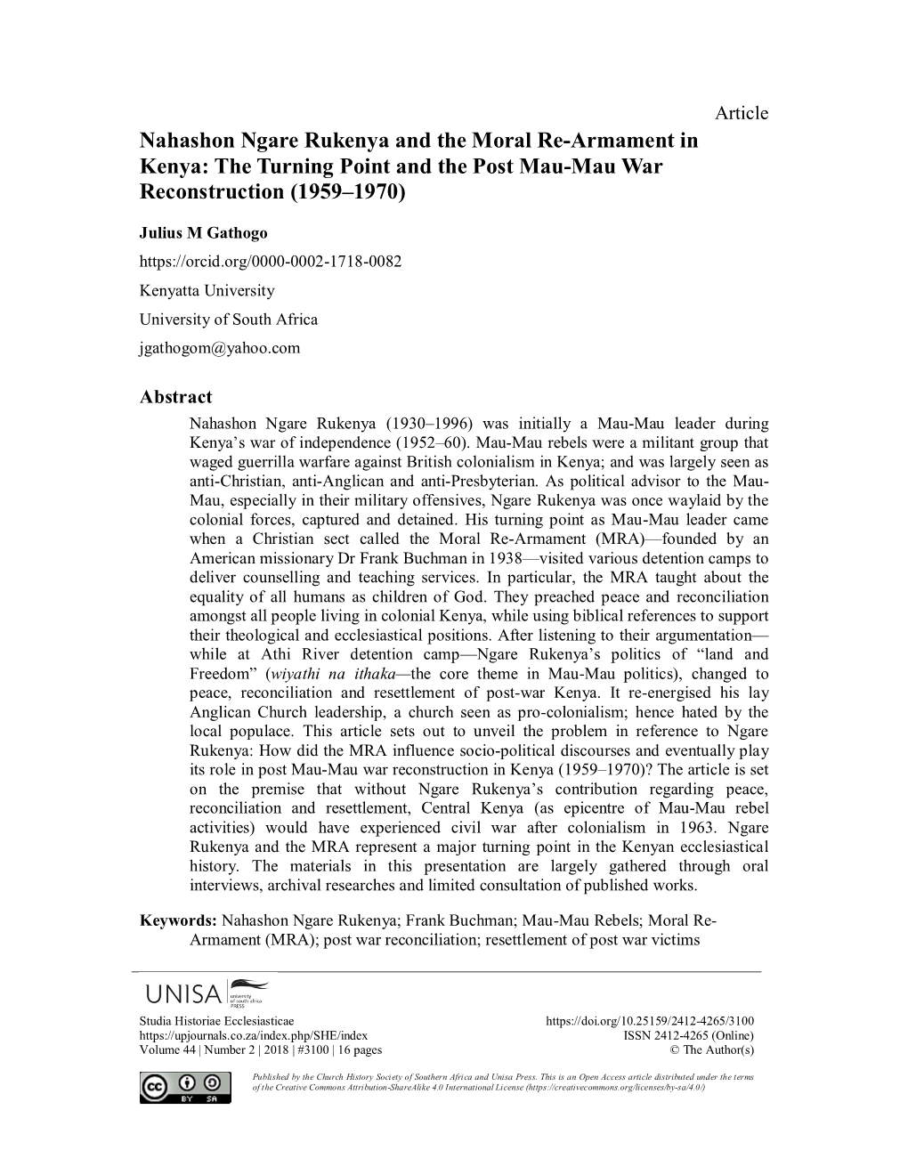 Nahashon Ngare Rukenya and the Moral Re-Armament in Kenya: the Turning Point and the Post Mau-Mau War Reconstruction (1959–1970)