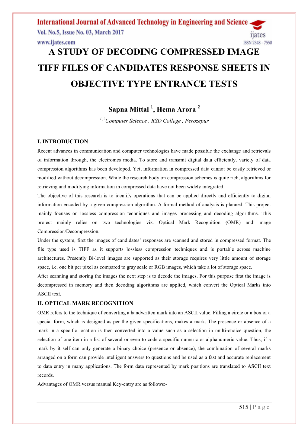 A Study of Decoding Compressed Image Tiff Files of Candidates Response Sheets in Objective Type Entrance Tests