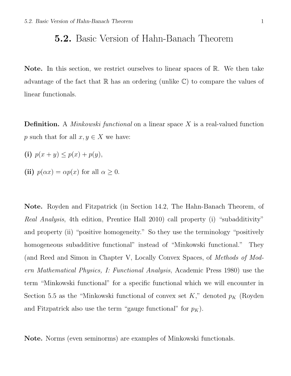 5.2. Basic Version of Hahn-Banach Theorem 1 5.2