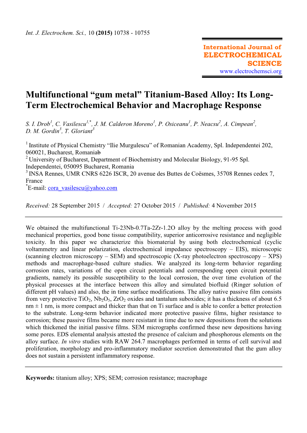 Gum Metal” Titanium-Based Alloy: Its Long- Term Electrochemical Behavior and Macrophage Response