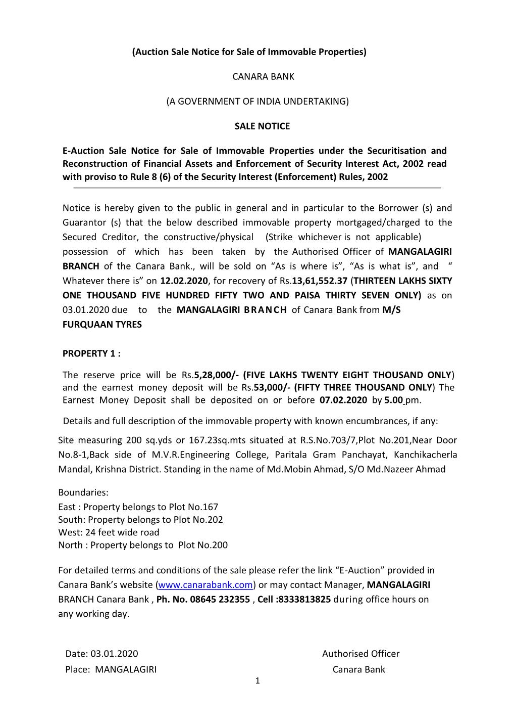 (Auction Sale Notice for Sale of Immovable Properties) CANARA