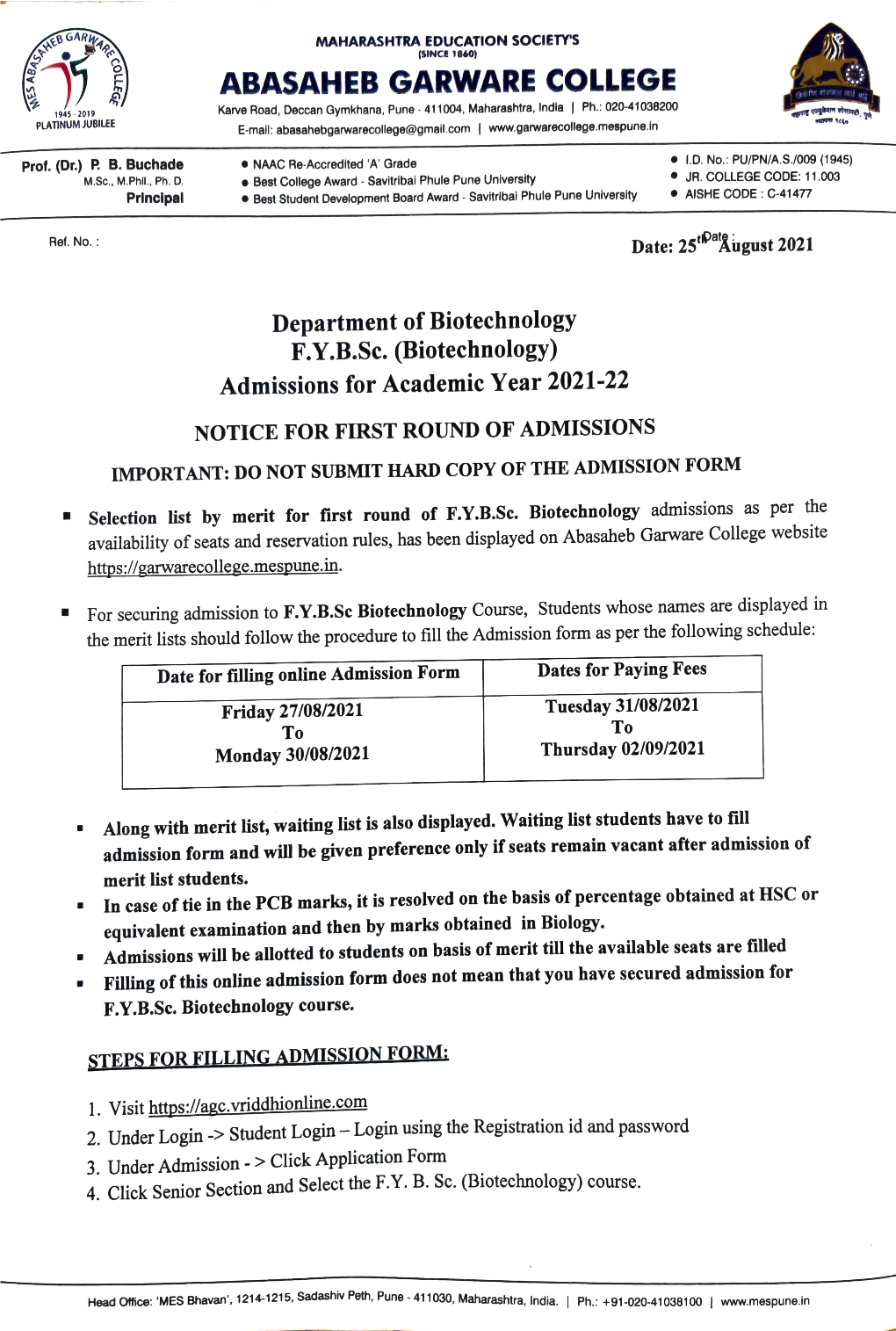 F.Y.B.Sc. Biotechnology Admission First Round Notice and Merit List