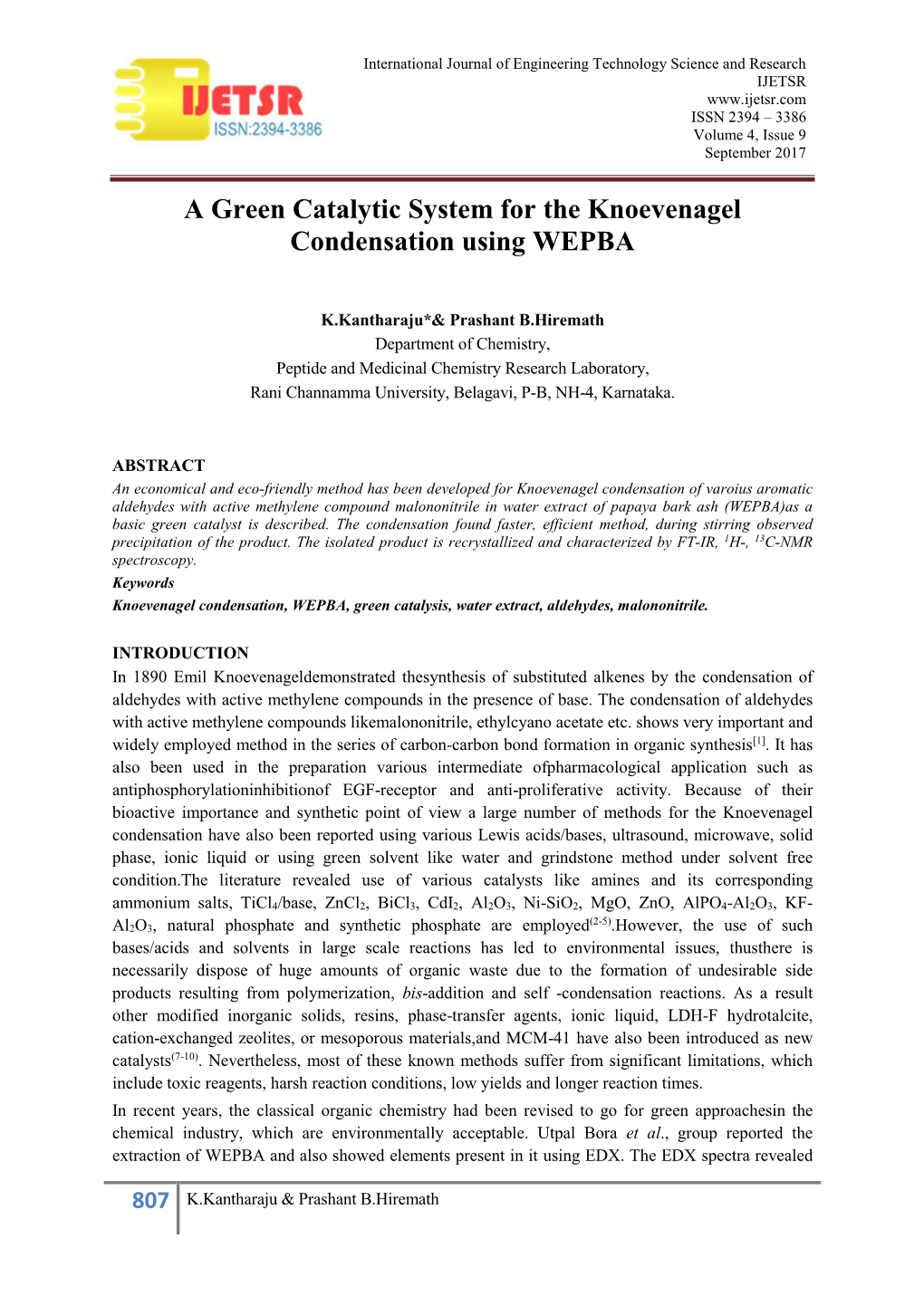 A Green Catalytic System for the Knoevenagel Condensation Using WEPBA