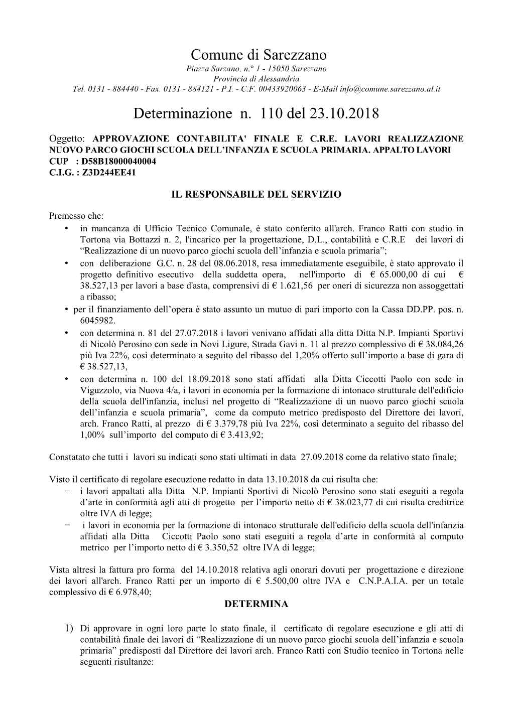 Comune Di Sarezzano Determinazione N. 110 Del 23.10