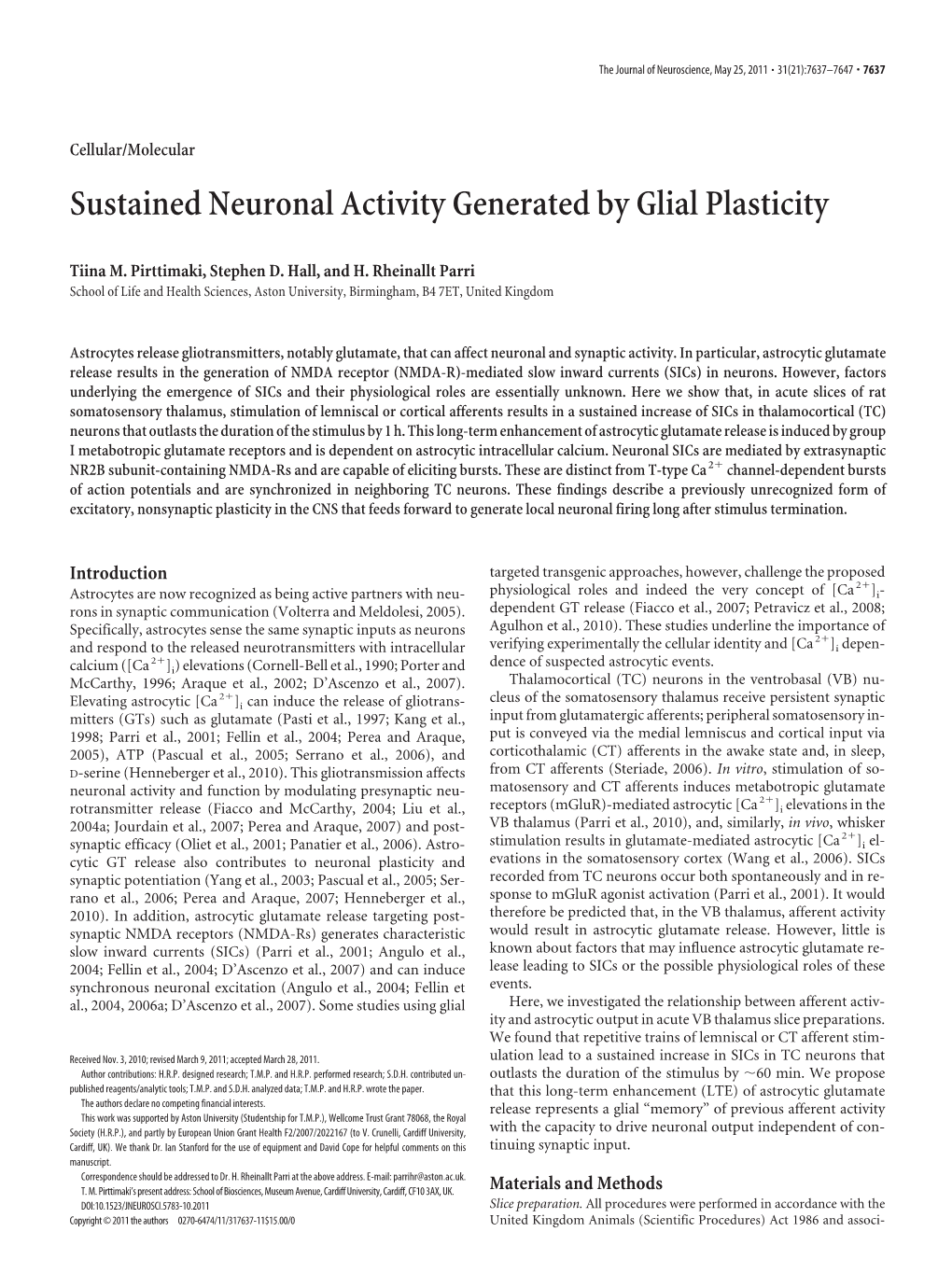 Sustained Neuronal Activity Generated by Glial Plasticity