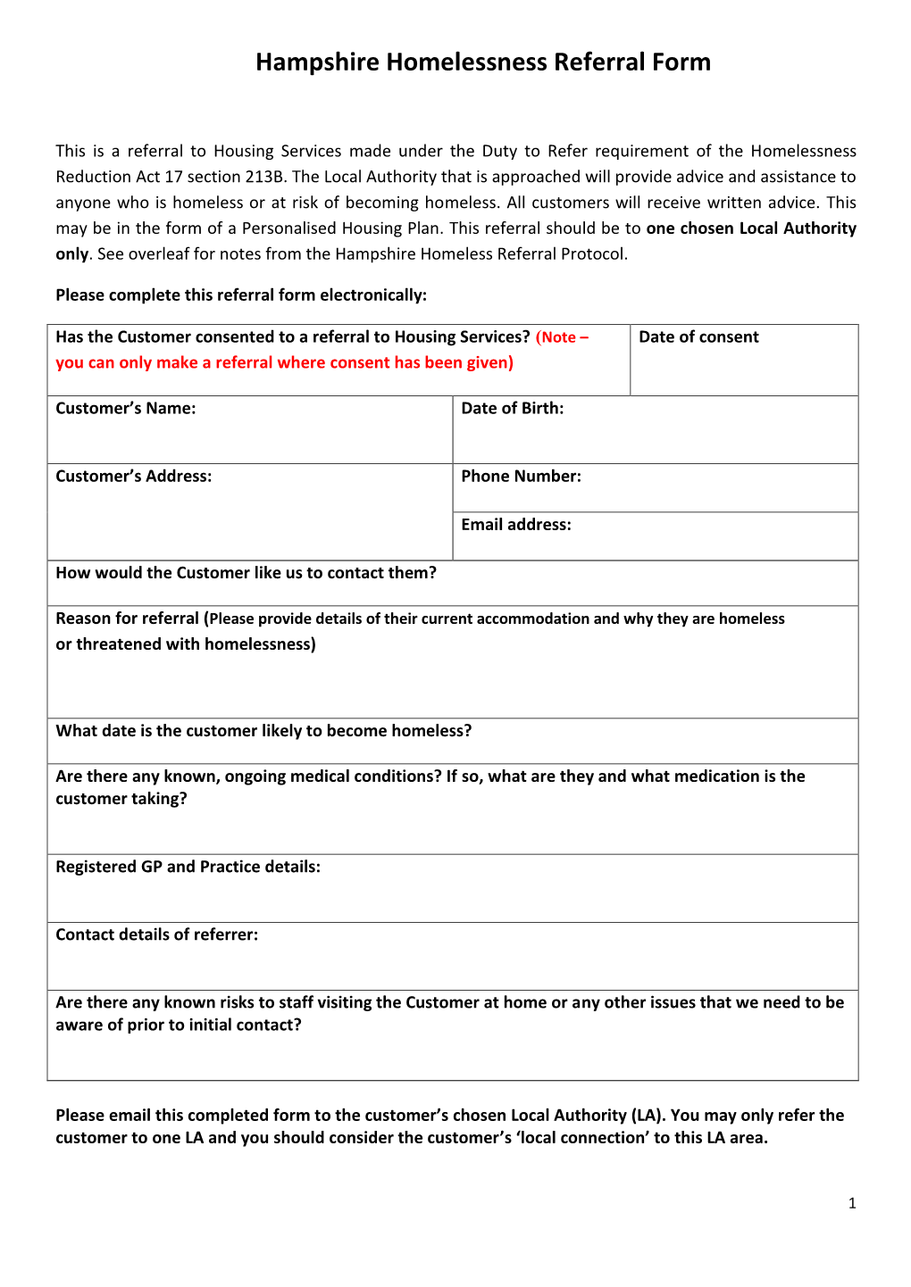 Hampshire Homelessness Referral Form