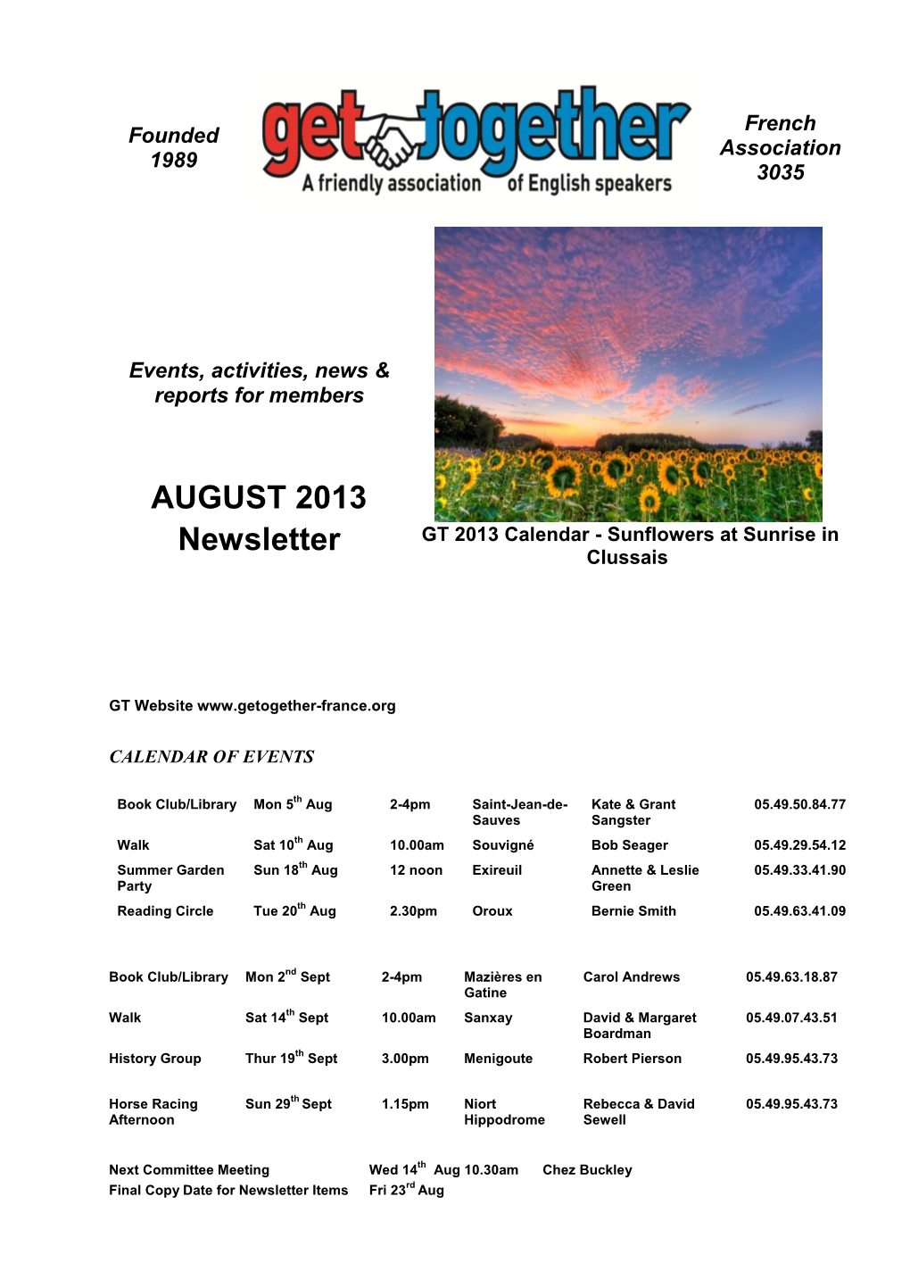 AUGUST 2013 Newsletter