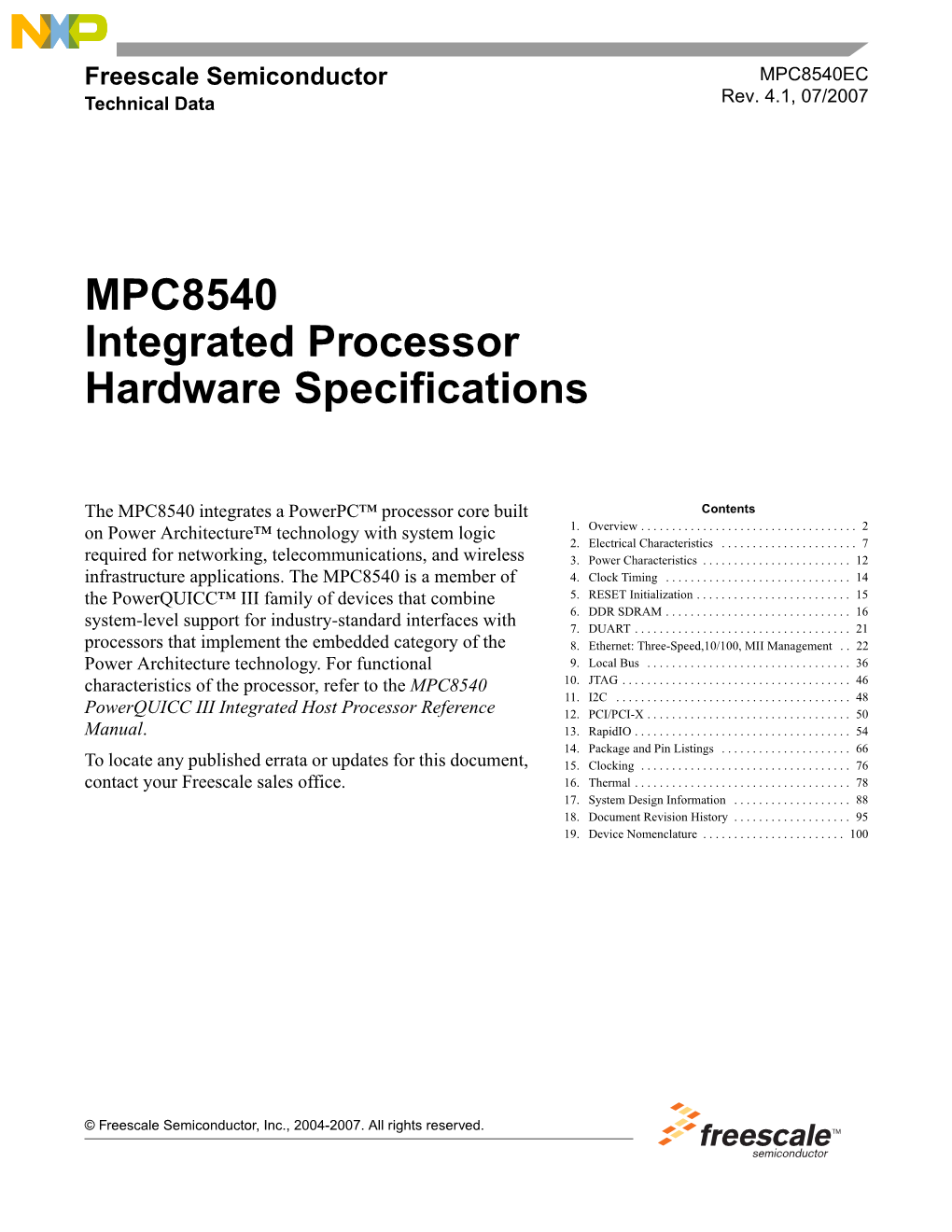 MPC8540 Integrated Processor Hardware Specifications