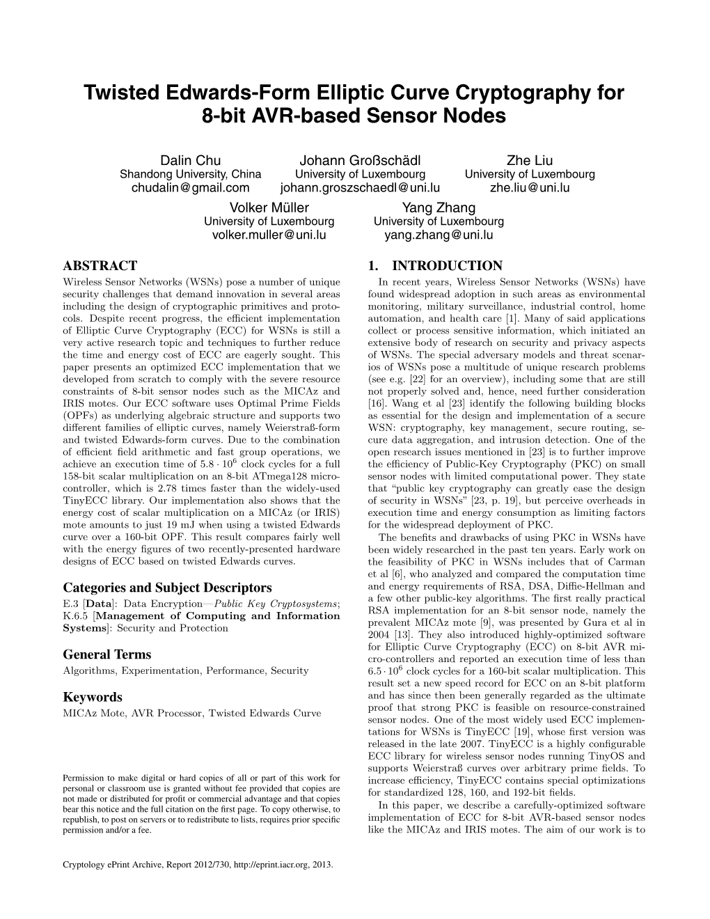 Twisted Edwards-Form Elliptic Curve Cryptography for 8-Bit AVR-Based Sensor Nodes