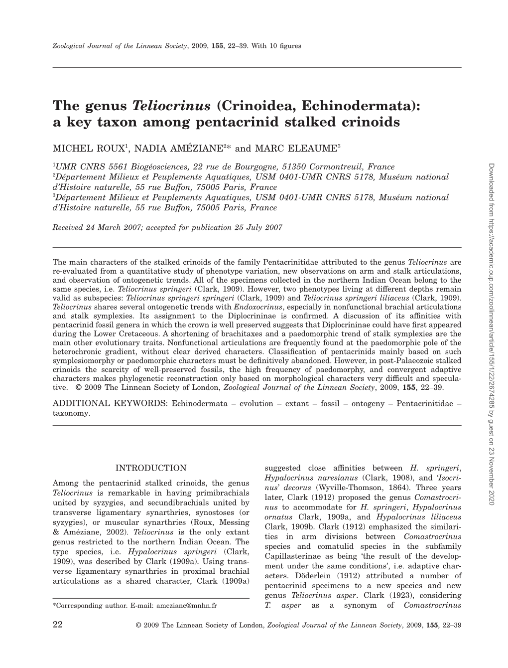 The Genus Teliocrinus (Crinoidea, Echinodermata): a Key Taxon Among Pentacrinid Stalked Crinoids