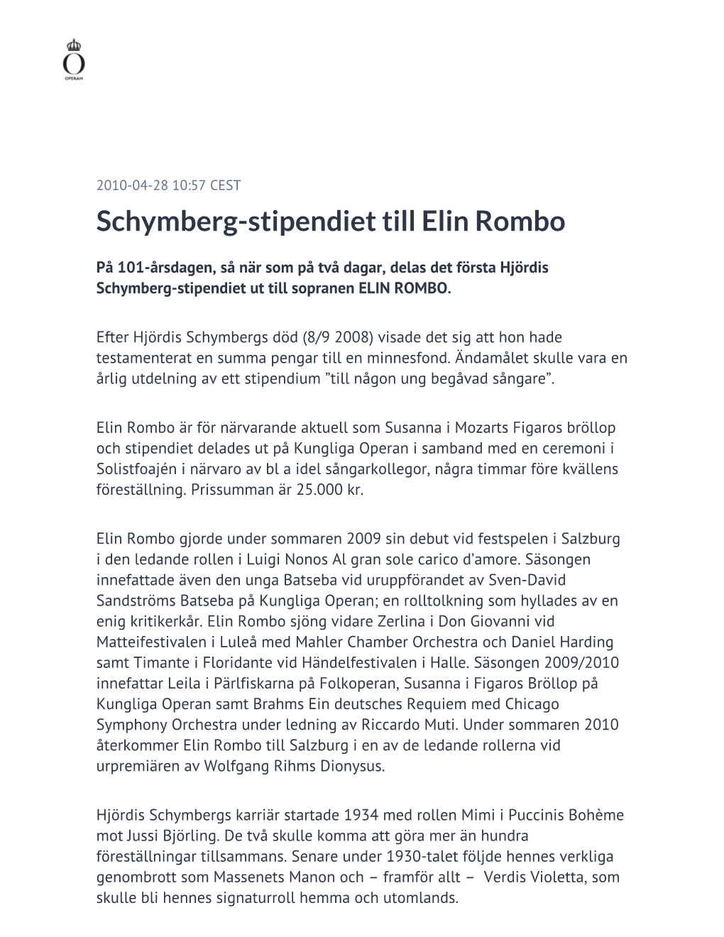 Schymberg-Stipendiet Till Elin Rombo