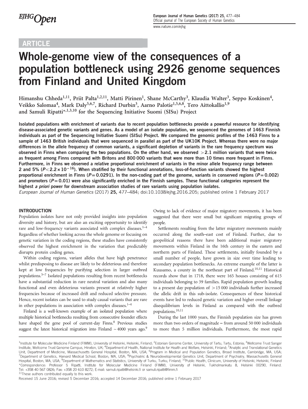 Whole-Genome View of the Consequences of a Population Bottleneck Using 2926 Genome Sequences from Finland and United Kingdom